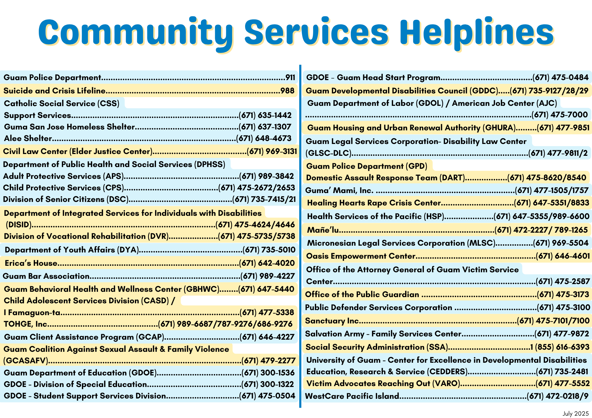 community services helplines
